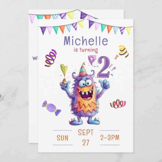 Einladung zum zweijährigen Geburtstag eines Monste (Vorne/Hinten)