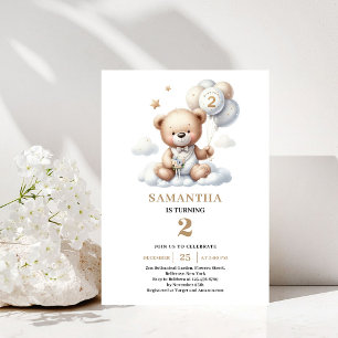 Einladung zur 2. Geburtstagsfeier Teddybär Gold Th