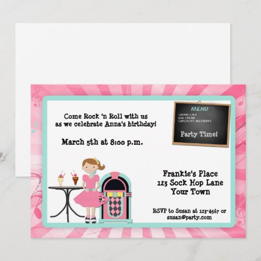 Einladung zur 50er-Theme-Party (Vorne/Hinten)