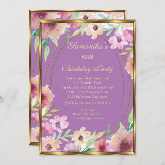 Einladung zur 60. Lila Blumengolden Geburtstagspar (Vorne/Hinten)