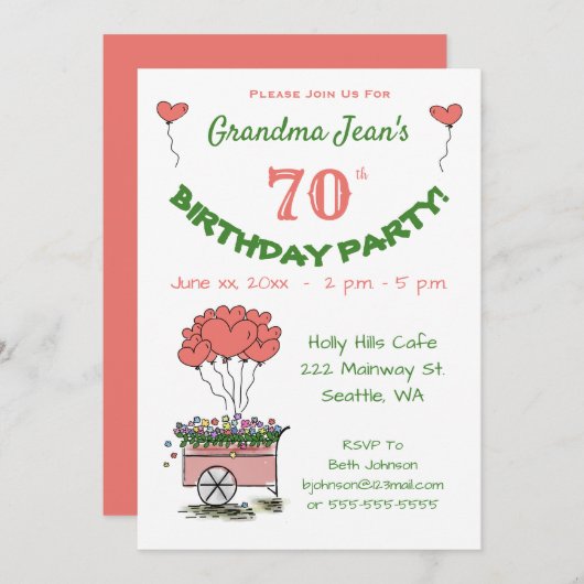 Einladung zur 70. Geburtstagsparty - Oma Hearts (Vorne/Hinten)