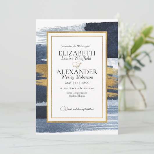 Einladung zur abstrakten Hochzeit | Blue Gold Wate (Stehend Vorderseite)