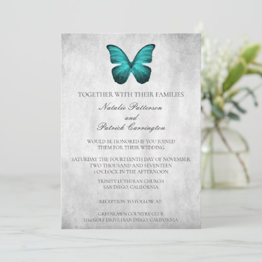 Einladung zur aquamarinen Butterfly-Hochzeit (Stehend Vorderseite)