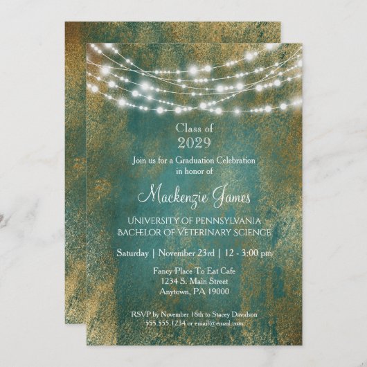 Einladung zur aquamarinen Goldene Lights-Graduiert (Vorne/Hinten)