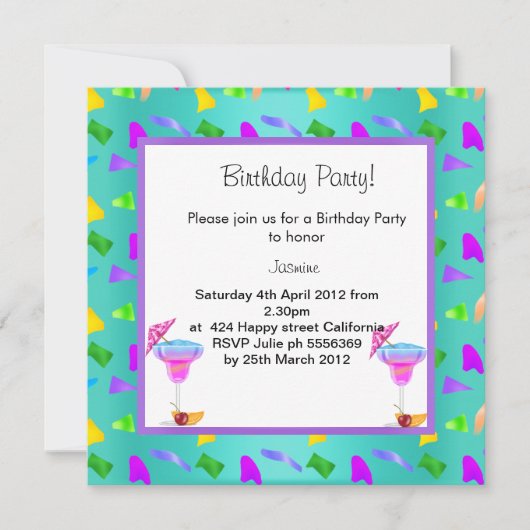 EINLADUNG ZUR aquamarinen Konfetti BIRTHDAY 2 (Vorderseite)