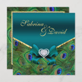 Einladung zur aquamarinen Pfauenhochzeit (Vorne/Hinten)