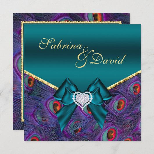 Einladung zur aquamarinen Pfauenhochzeit (Vorne/Hinten)