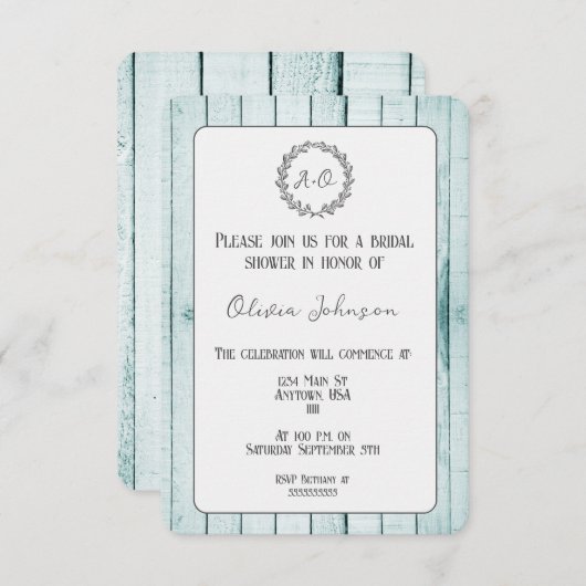 Einladung zur aquamarinen rustikalen Monogramm-Bra (Vorne/Hinten)