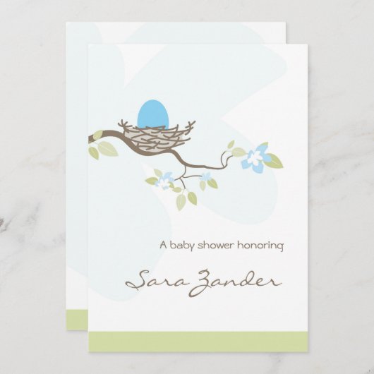 Einladung zur Baby Dusche - Blaues Ei im Nest (Vorne/Hinten)