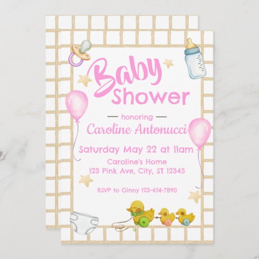 Einladung zur Baby-Dusche in Gelb und Rosa (Vorne/Hinten)