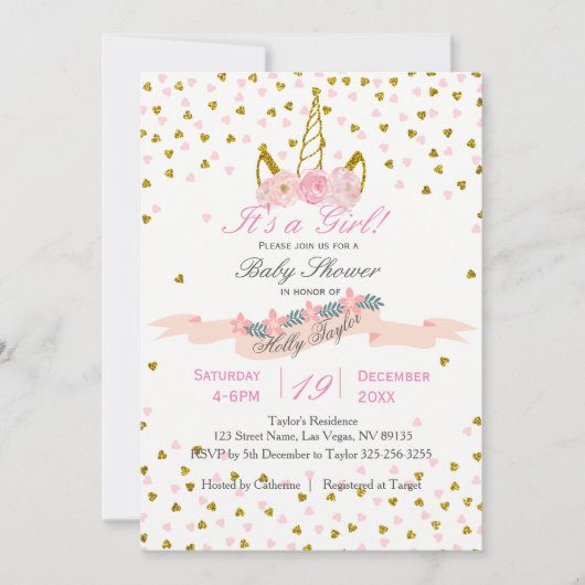 Einladung zur Baby-Dusche in Gold und Rosa (Vorderseite)