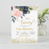 Einladung zur Baby Dusche in Navy und Blush Twins (Stehend Vorderseite)