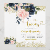 Einladung zur Baby Dusche in Navy und Blush Twins (Vorne/Hinten)