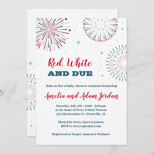 Einladung zur Baby-Dusche in Rot, Weiß und Braun (Vorne/Hinten)