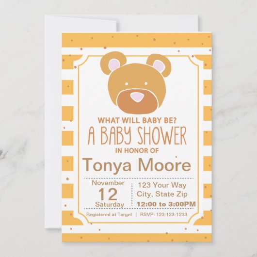 Einladung zur Baby-Dusche mit gelbem Bären (Vorderseite)