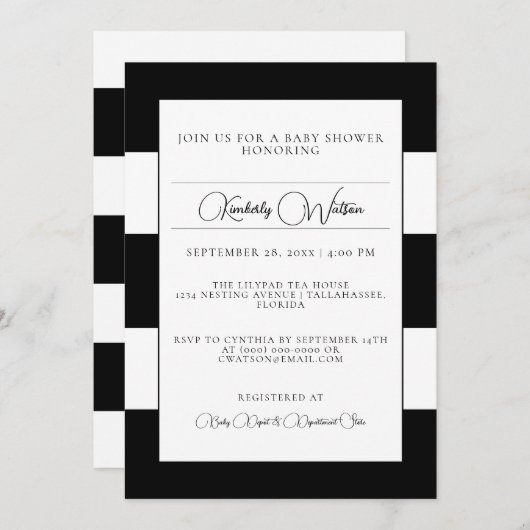 Einladung zur Baby-Dusche mit schwarzem Streifen (Vorne/Hinten)
