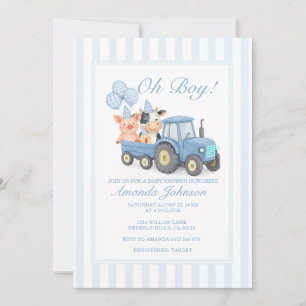 Einladung zur Baby-Party mit blauem Farmtraktor