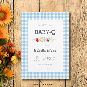 Einladung zur Baby-Party mit blauem Gingham-Barbec