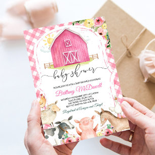 Einladung zur Baby-Party mit rosa Bauernhoftieren