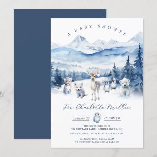 Einladung zur Baby Shower im Winterwald mit Tieren