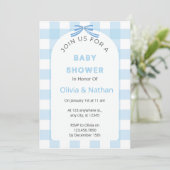 Einladung zur Baby Shower mit blauem Gingham, Blau (Stehend Vorderseite)