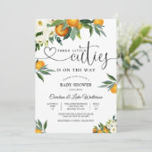 Einladung zur Baby Shower mit Zitrus-Blumen-Motiv (Stehend Vorderseite)