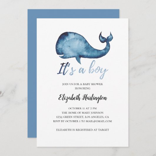 Einladung zur Babydusche. Junge. Blauwal einladen (Vorne/Hinten)