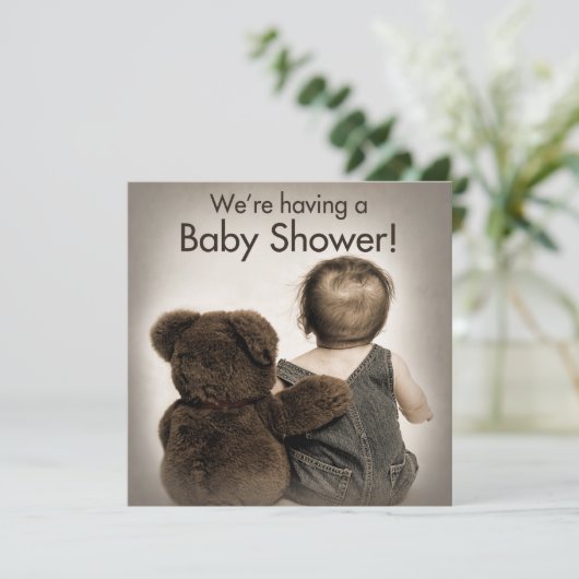 Einladung zur Babydusche - Teddy Bear and Baby (Stehend Vorderseite)