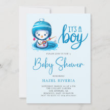 Einladung zur Babyparty „Blauer Pinguin, es ist ei
