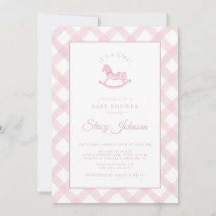 Einladung zur Babyparty für Mädchen mit rosa Gingh