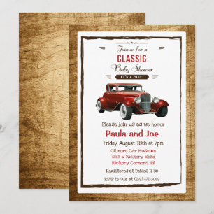 Einladung zur Babyparty mit klassischem Oldtimer
