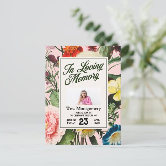 Einladung zur Beerdigung von Pink Floral Postkarte (Stehend Vorderseite)