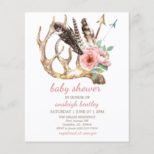 Einladung zur Billig-Blumen- und Antler-Babydusche Flyer (Vorne)