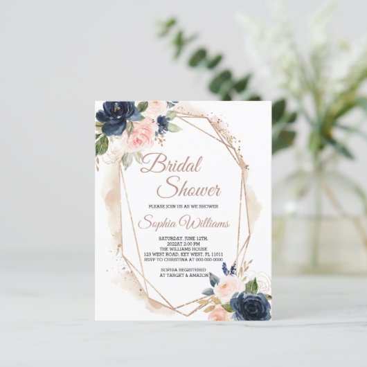 Einladung zur Billigdusche Pink, Navy & Gold Brida (Stehend Vorderseite)