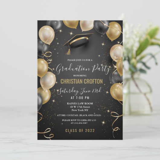 Einladung zur Black and Gold Balloon Graduation Pa (Stehend Vorderseite)