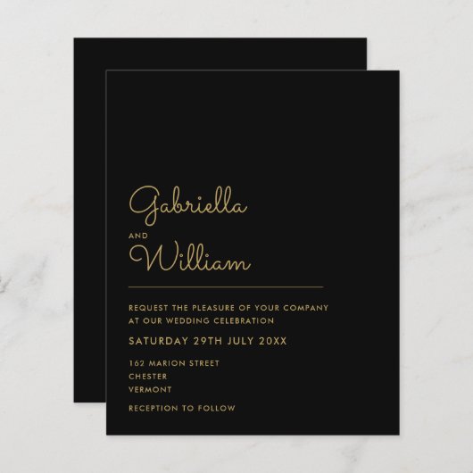 Einladung zur Black and Gold Script-Hochzeit (Vorne/Hinten)