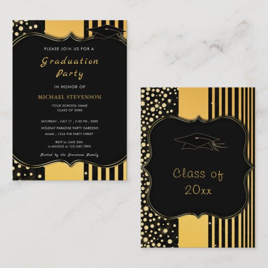 Einladung zur Black Gold Frame Chic Graduation Par (Vorne/Hinten)