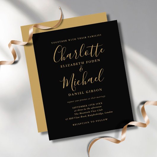 Einladung zur Black-Gold-Script-Hochzeit
