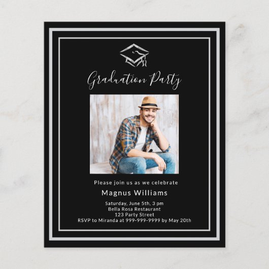 Einladung zur Black Silver Foto Graduation Party (Vorderseite)
