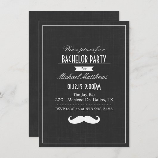 Einladung zur Black & White Mustache Bachelor Part (Vorne/Hinten)