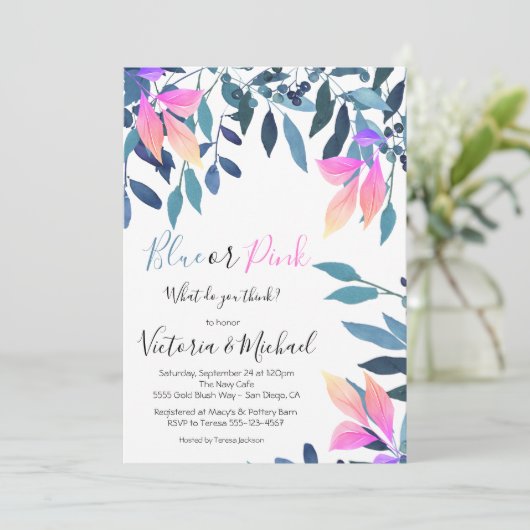 Einladung zur Blauen oder rosa Baby Reveal Dusche (Stehend Vorderseite)