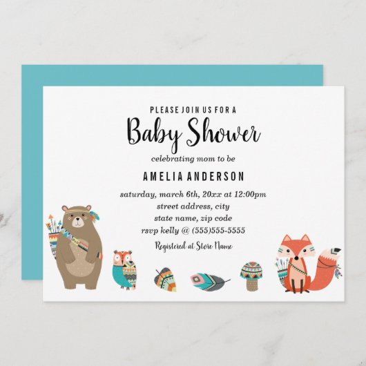 Einladung zur Blauen Tribal Animal Baby Shower (Vorne/Hinten)