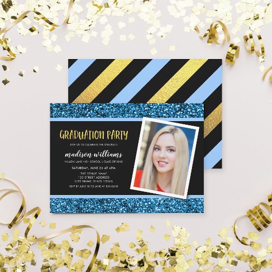 Einladung zur Blue Glitzer Foto Graduation Party