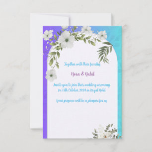 Einladung zur Blues und lila Hochzeit mit Blumen