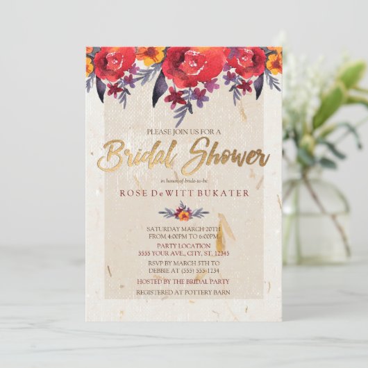 Einladung zur Blumendusche in Classic Red & Gold (Stehend Vorderseite)