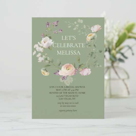 Einladung zur Blumendusche in grünem Pink (Stehend Vorderseite)