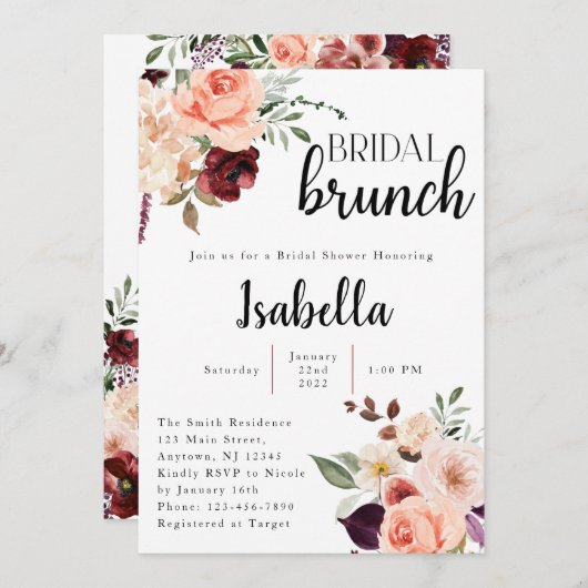 Einladung zur Blumendusche in Rosa und Burgund (Vorne/Hinten)