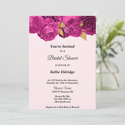 Einladung zur Blumendusche in Rosa und Gold (Stehend Vorderseite)