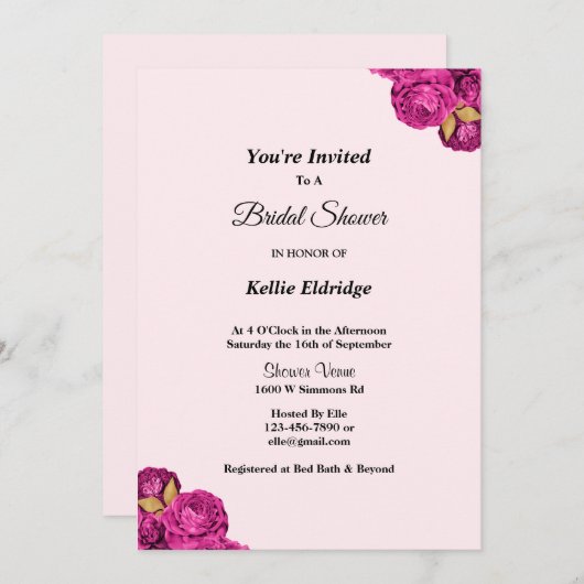 Einladung zur Blumendusche in Rosa und Gold (Vorne/Hinten)