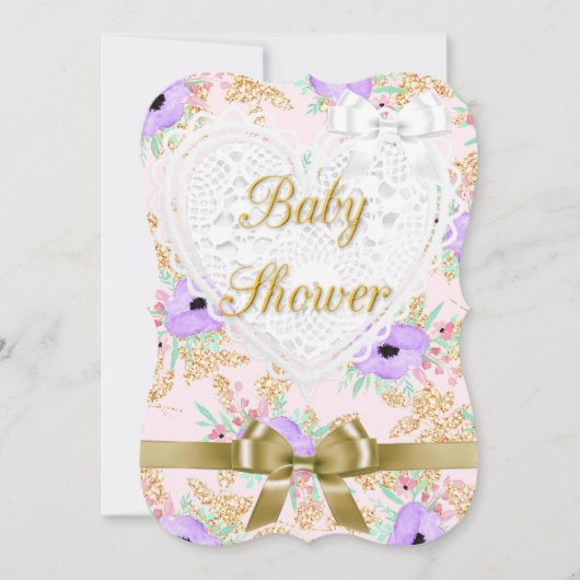 Einladung zur Blumendusche Lila und Gold Baby (Vorderseite)